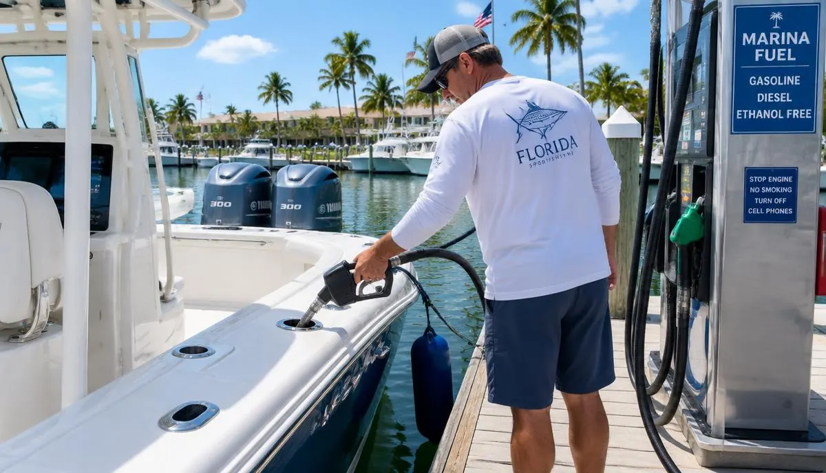 Boat owner fueling a center console at a sunny Florida marina fuel dock