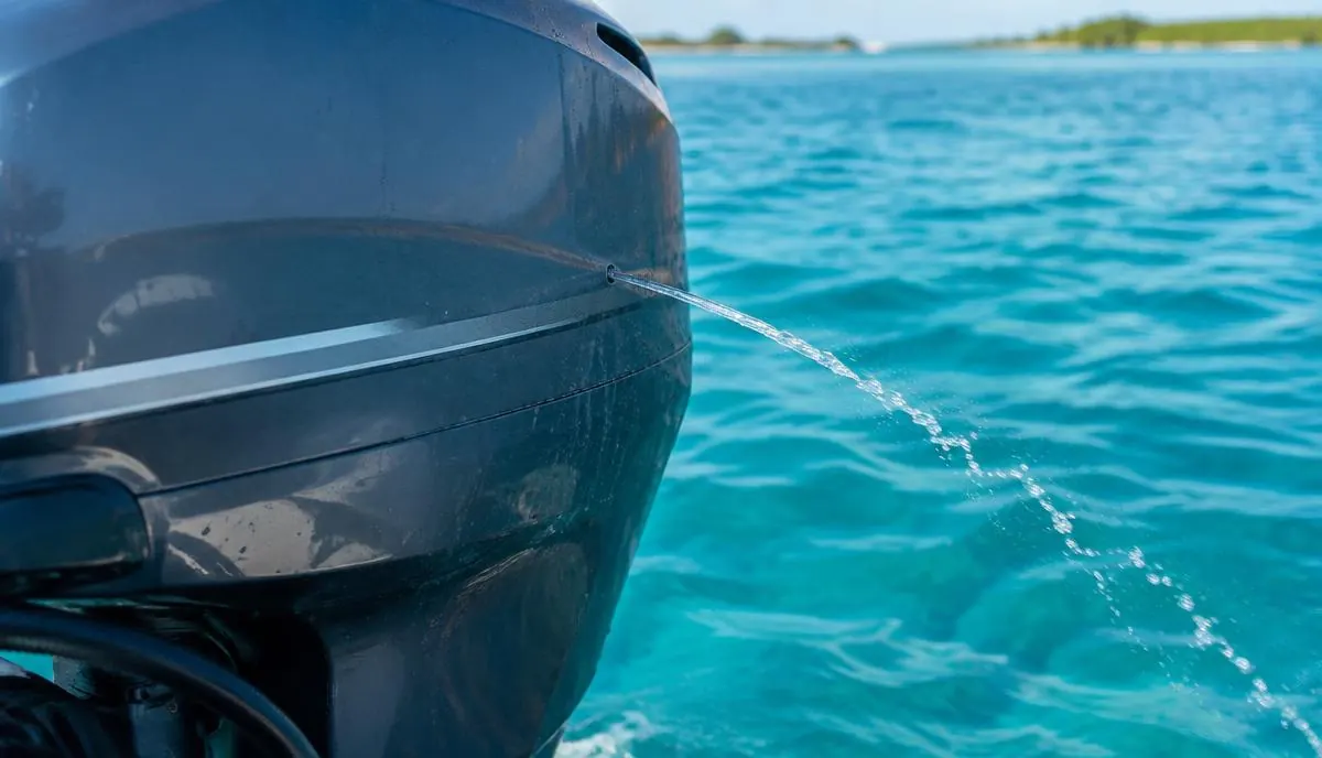 Outboard telltale water stream spraying over clear turquoise water
